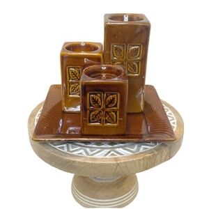 Brown Ceramic 3 Tea Light MCM Candle Holder Set. With Plate.